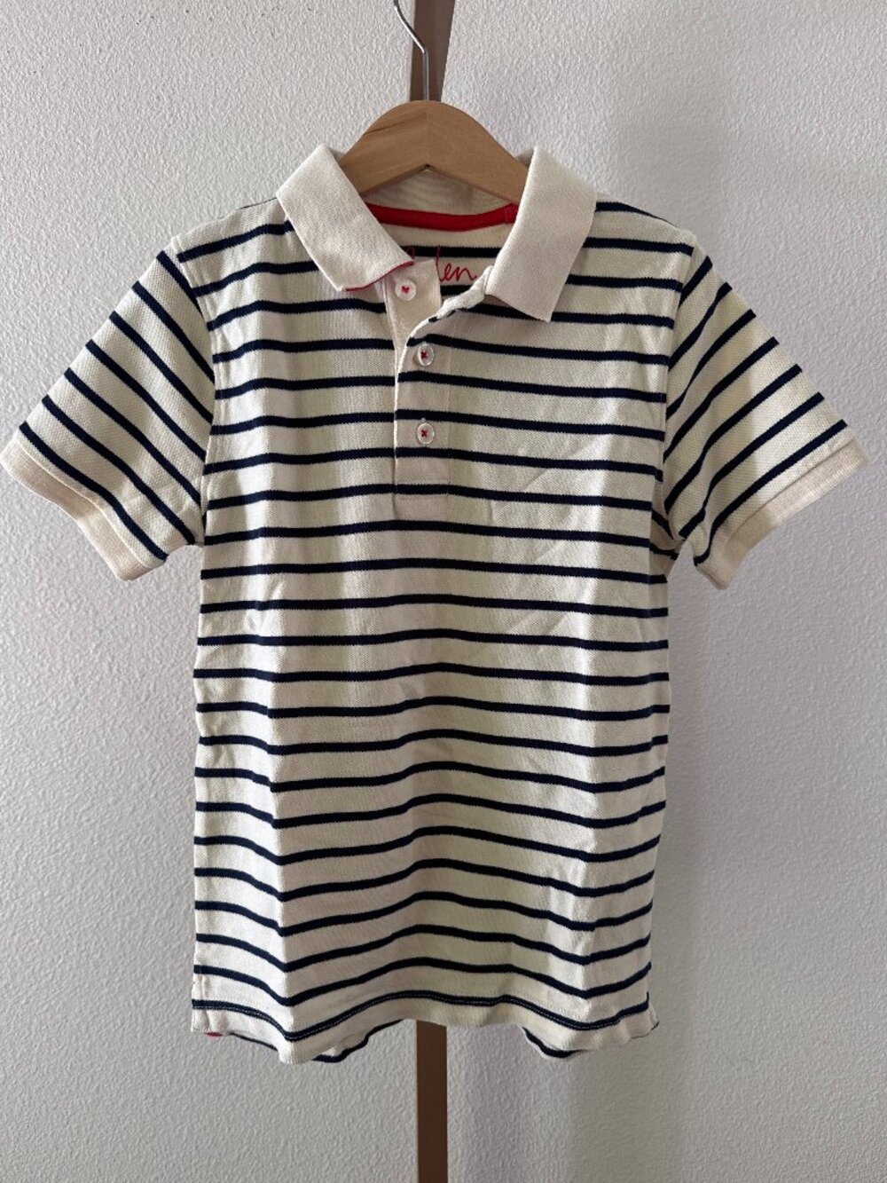 Boden Pique Polo Boys 7-8 Ivory Navy Preppy